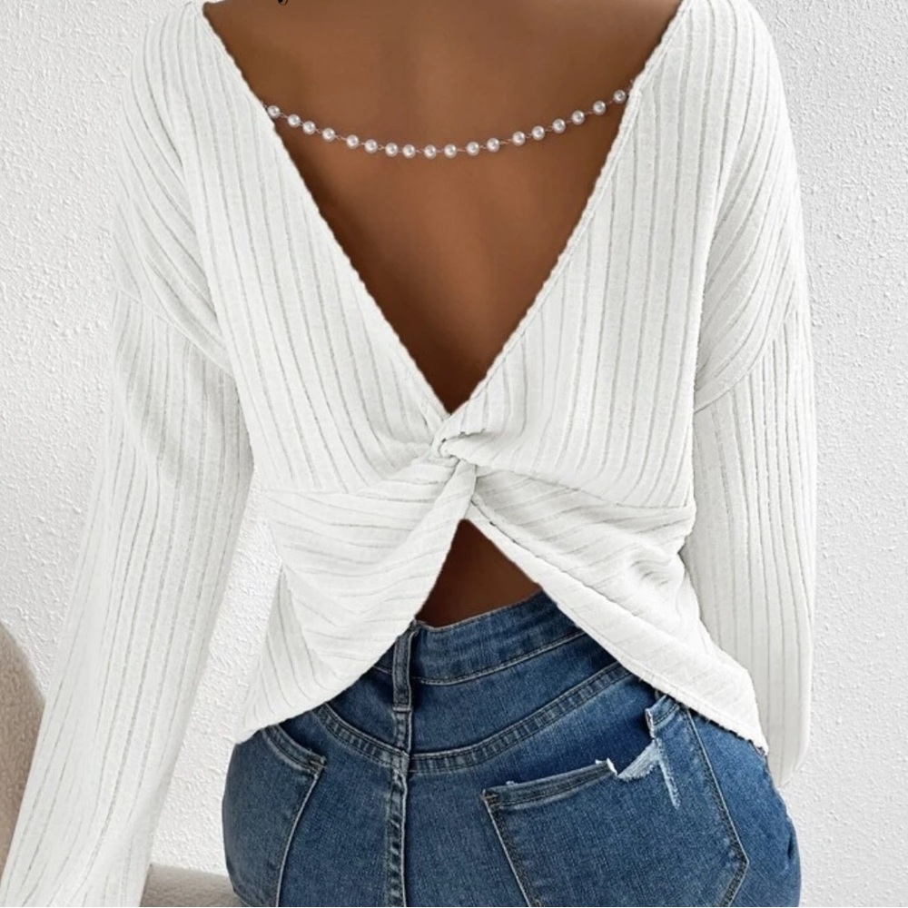 White Ribbed Twist Back Sweater